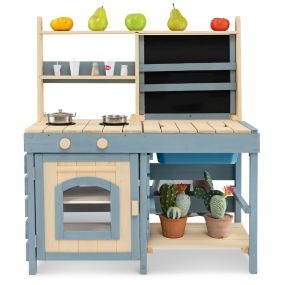 Cocina de Barro 2 en 1 para Exterior con Grifo Fregadero Extraíble y Cestas Metálicas para Niños 3-8 Años Azul