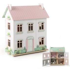 Casa de Muñecas de Madera para Niños de 3 Niveles con Techos Doble Cara Casa de Sueños de Juego de Imaginación con Muebles y Accesorios Rosa