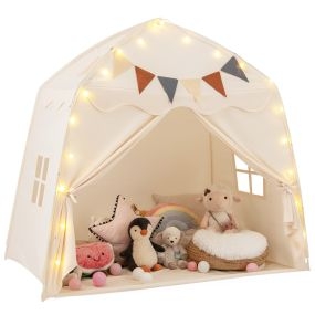 Carpa para Niños Portátil Tienda para Cama Infantil con Banderines y Luces de Cadena Casa de Juegos Grande para Niños de 3-12 Años-Beige