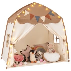 Carpa para Niños Portátil Tienda para Cama Infantil con Banderines y Luces de Cadena Casa de Juegos Grande para Niños de 3-12 Años-Marrón