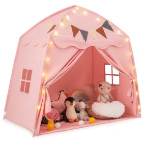 Carpa portátil para niños para cama infantil con banderines y luces de cadena rosa