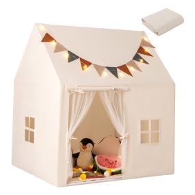Tienda de Juego para Niños de Interior y Exterior con Alfombra Acolchada Banderas Luces Ventanas para Sala de Juegos para 3-14 Años Beige