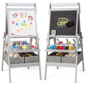 Caballete de Pie de Doble Cara con Pizarra Magnética y Pizarra Blanca Rollo de Papel 3 Vasos y 2 Cubos de Tela -Gris
