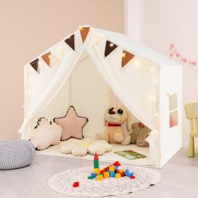 Tienda de Juego para 3-4 Niños Casa de Juego Grande con Cortinas de Tela Malla Luces de Estrellas Ventanas Transpirables Almohadilla Beige