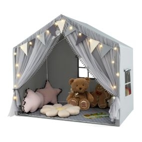 Tienda de Campaña Infantil con 2 Cortinas de Tela y Malla Luces de Estrellas 2 Ventanas Transpirables Almohadilla de Algodón Gris