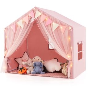 Tienda de Campaña Infantil con 2 Cortinas de Tela y Malla Luces de Estrellas 2 Ventanas Transpirables Almohadilla de Algodón Rosa