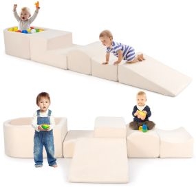 Juego de Escalada y Rampa de 5 Piezas Infantil Bloques de Construcción de Esponja con Piscina de Pelota Funda Lavable Creativo Beige