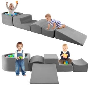 Juego de Escalada y Rampa de 5 Piezas Infantil Bloques de Construcción de Esponja con Piscina de Pelota Funda Lavable Creativo Gris