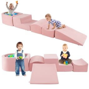 Juego de Escalada y Rampa de 5 Piezas Infantil Bloques de Construcción de Esponja con Piscina de Pelota Funda Lavable Creativo Rosa
