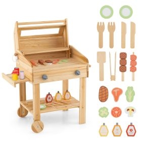 Juguete de Barbacoa de Madera para Niños Juego de Cocina con Comida de Juguete Herramientas para Asar y Accesorios Juego de BBQ con Bandeja