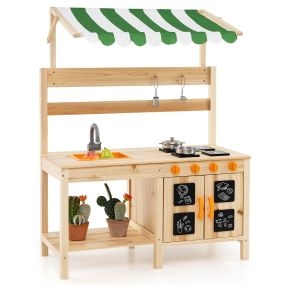 Cocina de Juego de Madera de Abeto con Techo Fregadero Extraíble 4 Estufas Perillas Rotatorias Set de Cocina al Aire Libre para Niños