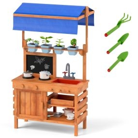 Cocina de Barro Cocina de Juego de Madera con Toldo Ajustable Pizarra Tazas para Plantar Estufas Fregadero Horno y Cajón al Aire Libre