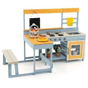 Cocina de Barro con Mesa de Picnic para Niños Cocina de Juguete de Madera de Abeto con Banco Pizarra Fregadero y Accesorios para Patio Jardín