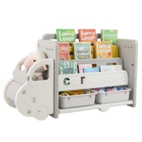 Armario de Almacenamiento de Juguetes con Tema de Coche con Estante de 3 Niveles 2 Cajas de Almacenamiento 108 x 35 x 63,5 cm Gris