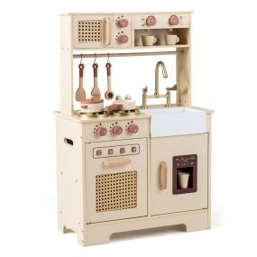 Cocina de Juguete de Madera para Niños con Luces Sonidos Fogones Máquina Hielo Cafetera Fregadero Puertas Ratán 3+ Años Beige