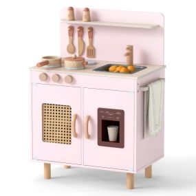 Cocina Infantil de Madera Con Máquina de Hielo Realista y Almacenamiento para Niños 3+ Años Rosa