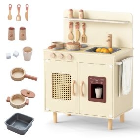 Cocina Infantil de Madera Con Máquina de Hielo Realista y Almacenamiento para Niños 3+ Años Amarillo