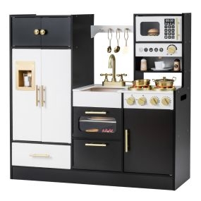Cocina Juguete Madera Niños Luces Sonidos Realistas Fregadero Horno Máquina Hielo Cafetera Gabinetes Cajón Set Chef 3+ Años Negro