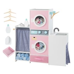 Juego de Lavandería de Madera Lavadora Realista con Accesorios Plancha y Perchas Juguete Educativo Rosa