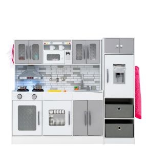 Set de Cocina de Madera con Luces y Sonidos Cocina Modular de Juego y Refrigerador con Funciones Interactivas Almacenamiento Gris