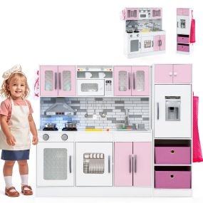 Set de Cocina de Madera con Luces y Sonidos Cocina Modular de Juego y Refrigerador con Funciones Interactivas Almacenamiento Rosa