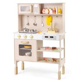 Cocina de Juguete de Madera con Altura Ajustable Luces y Sonidos Incluye Microondas Fregadero Estufa Horno y Accesorios Beige