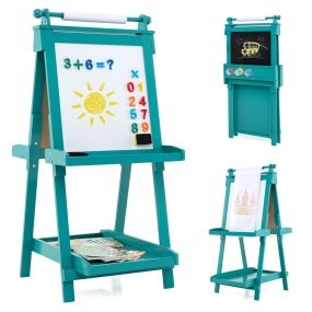 Plegable Caballete de Arte de Doble Cara 3 en 1 con Pizarra y Rollo de Papel Reemplazable 3 Vasos Bandejas para Niños de Más de 3 Años Verde