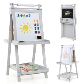 Plegable Caballete de Arte de Doble Cara 3 en 1 con Pizarra y Rollo de Papel Reemplazable 3 Vasos Bandejas para Niños de Más de 3 Años Gris