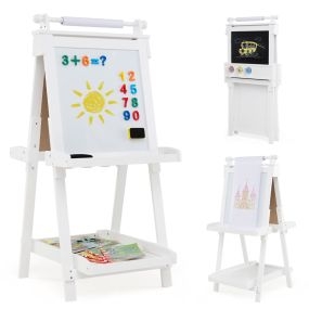 Plegable Caballete de Arte de Doble Cara 3 en 1 con Pizarra y Rollo de Papel Reemplazable 3 Vasos Bandejas para Niños de Más de 3 Años Blanco
