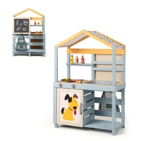 Juguete de Cocina de Barro 2 en 1 de Madera al Aire Libre con Tienda de Comestibles Fregadero Pizarra Cocina de Doble Cara para Niños Gris