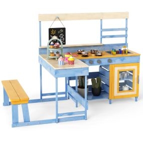 Juguete de Cocina de Juego de Barro con Mesa de Picnic para Niños Cocina de Madera Abeto con Banco Pizarra Accesorios Utensilios Azul