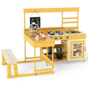Juguete de Cocina de Juego de Barro con Mesa de Picnic para Niños Cocina de Madera Abeto con Banco Pizarra Accesorios Utensilios Amarillo