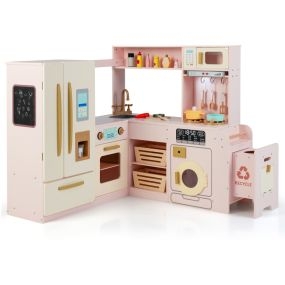 Cocina de Esquina con Luces y Sonidos Refrigerador Doble Puerta Hielera Microondas y Almacenaje Madera para Niños 3+ Años Rosa