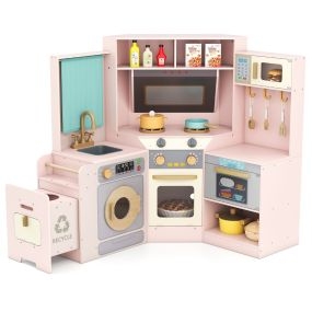 Cocina de Esquina de Juguete con Luces y Sonidos Incluye Fregadero Fogones Microondas Horno Lavadora y Accesorios para Niños 3+ Años Rosa