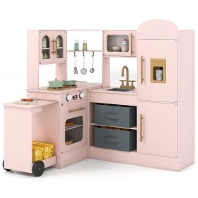 Cocina de Juguete de Esquina con Luces y Sonidos Encimera Retráctil Incluye Fregadero Fogones Nevera y Accesorios para 3+ Años Rosa