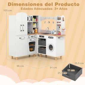 Cocina Juguete Esquina Madera con Refrigerador Doble Puerta Cafetera Lavadora 12 Accesorios Luces y Sonidos Gris