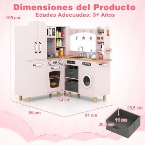 Cocina de juguete de esquina de madera rosa con refrigerador, cafetera, lavadora, 12 accesorios, luces y sonidos