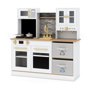 Juego de cocina de madera para niños con fogones, luz y sonido, cafetera, grifo y utensilios naturales