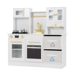 Juego de Cocina para Niños Set de Cocina de Madera con Fogones con Luz y Sonido Cafetera Grifo y Utensilios de Cocina Blanco