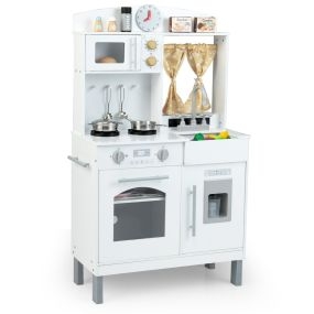 Cocina de Juguete para Niños Set de Juego de Cocina de Madera con 3 Alturas Ajustables Microondas Estufas Fregadero Horno Máquina Blanco