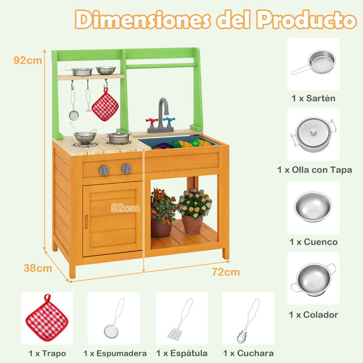 Cocina de Barro para Niños al Aire Libre con Estufas Realistas Grifo Fregadero Horno y Accesorios de Cocina Verde y Amarillo