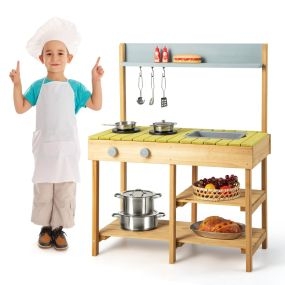Cocina de Barro de Madera Juego de Cocina de Exterior con 3 Ganchos Colgantes 2 Fogones Fregadero Extraíble y Estantes Abiertos Natural