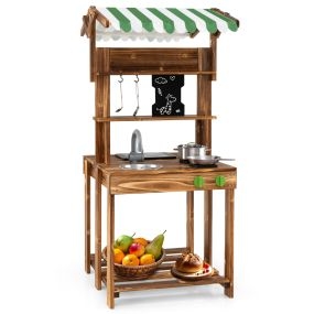 Cocina de Barro de Doble Cara Juego de Barbacoa de Madera con Toldo Pizarra Fregadero y Grifo Cocina para Juegos de Exterior con Accesorios