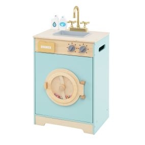 Juego de lavadora para niños con detergente, desinfectante, fregadero, cajón y rueda giratoria 40 x 30 x 75 cm azul