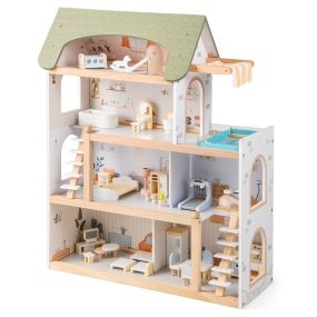 Casa de Muñecas de Madera para Niños con 33 Accesorios de Muebles 6 Habitaciones para 3+ Años 63 x 25 x 78 cm Verde Claro