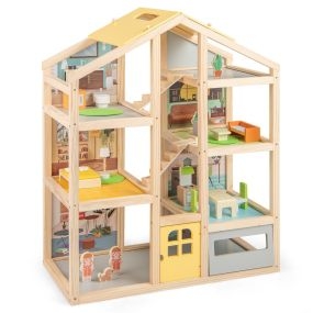 Casa de Muñecas de Madera con 7 Habitaciones 18 Piezas de Mobiliario 3 Figuras y 1 Perro Mascota para 3+ Años 60 x 30 x 75 cm Natural