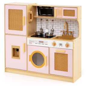 Juego de Cocina de Juguete para Niños con Luces Sonidos Realistas Refrigerador Dispensador de Agua Lavadora Accesorios de Cocina Rosa