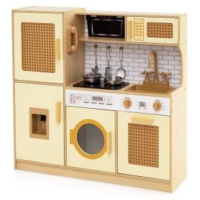 Juego de Cocina de Juguete para Niños con Luces Sonidos Realistas Refrigerador Dispensador de Agua Lavadora Accesorios de Cocina Amarillo
