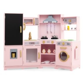 Cocina de Juguete de Madera de Esquina con Luces y Sonidos con Pizarra Accesorios de Cocina para Niños de 3 + Años 131 x 47 x 92 cm Rosa