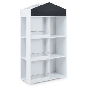 Estantería Infantil en Forma de Casa Librería para Niños con Compartimentos Pizarra y Kit Antivuelco Armario Organizador de Juguetes Blanco